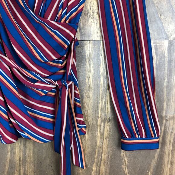 Ann Taylor Womens Blouse Multicolor Striped Belted Ruched Wrap Plunge Neck L - Picture 4 of 12